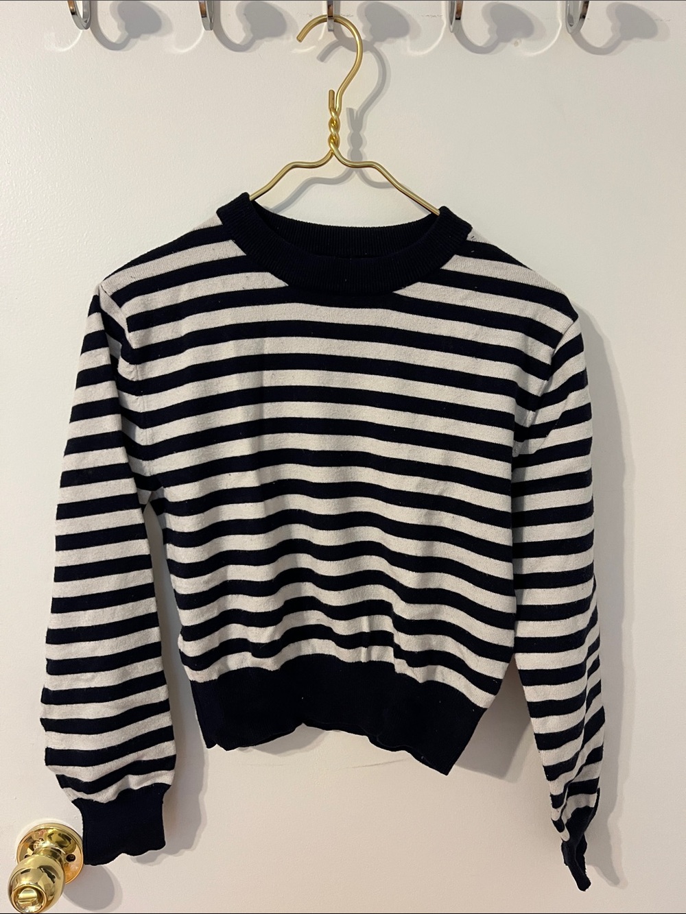 Zara Navy and White Striped Crewneck Sweater
